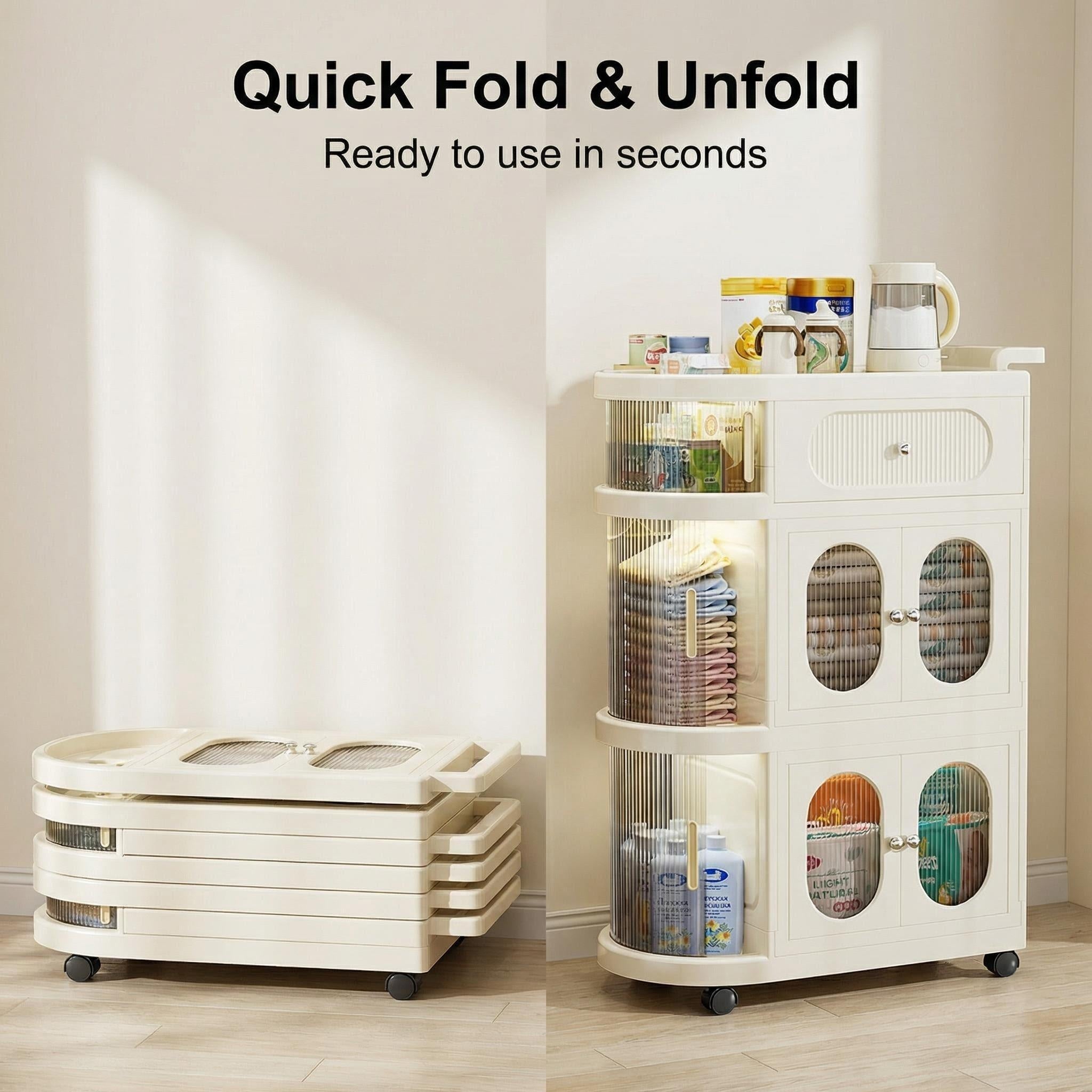 Collapsible and mobile snack storage cabinet.