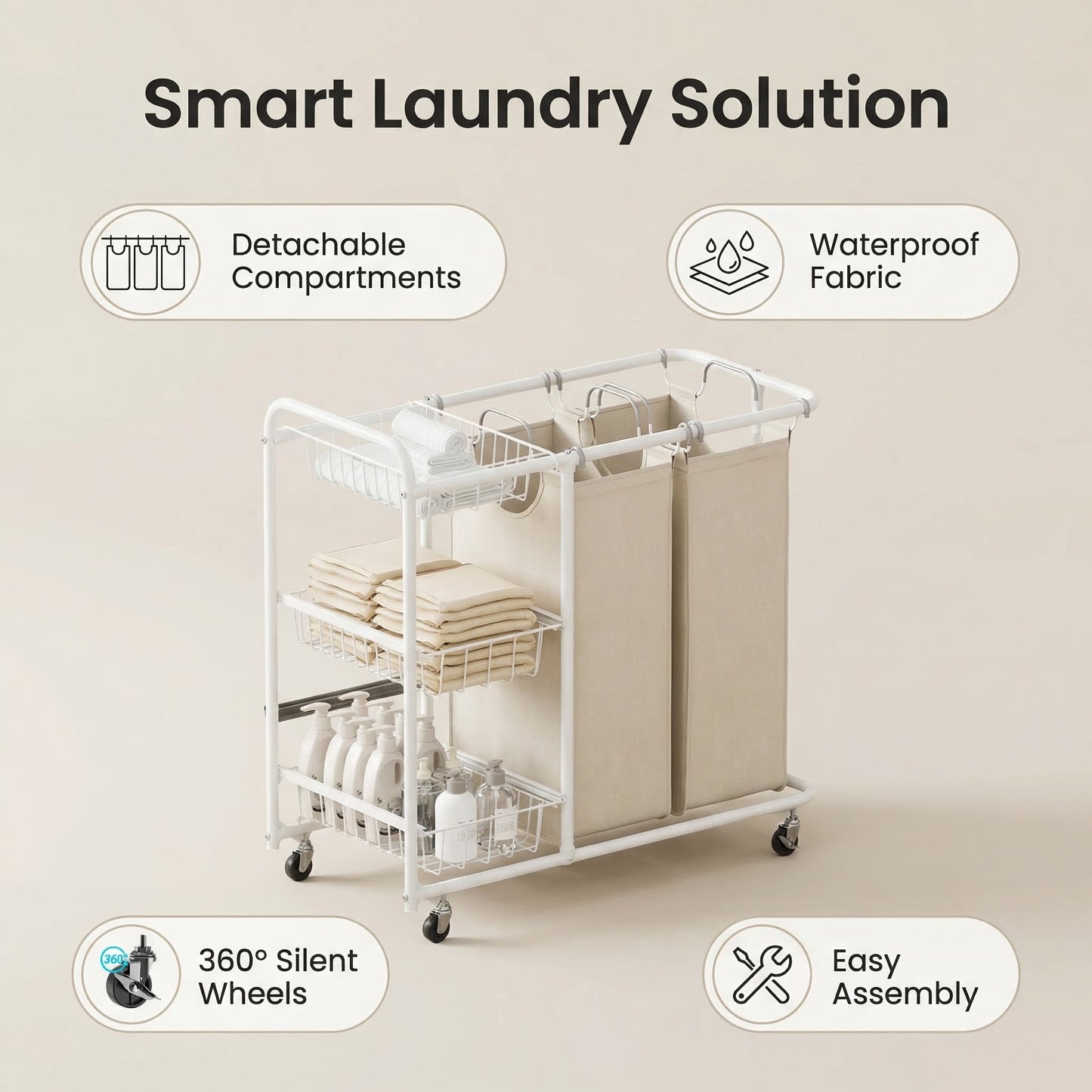 Multifunctional Rolling Laundry Sorter with Multi-Compartments